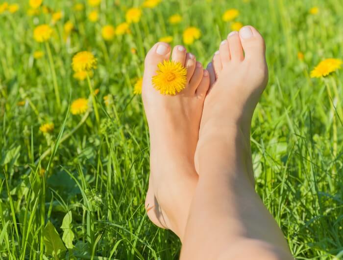 A woman's feet resting in grass, adorned with a dandelion flower, in Millsboro & Seaford, DE.